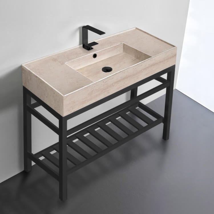 Scarabeo 5124-E-CON2-BLK-One Hole Modern Beige Travertine Design Ceramic Console Sink and Matte Black Base